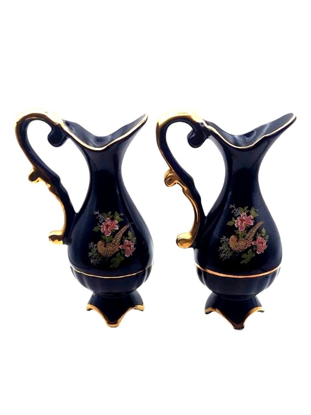 Vintage Porcelain Quail Ewer Pitcher Set of 2 Floral Dark Blue Gold Trim Decor